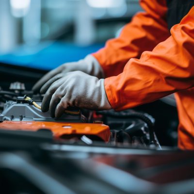 Selective focus hands in gloves of expert technician electric car, EV car while opened A used Lithium-ion car battery before its repair. ai generative